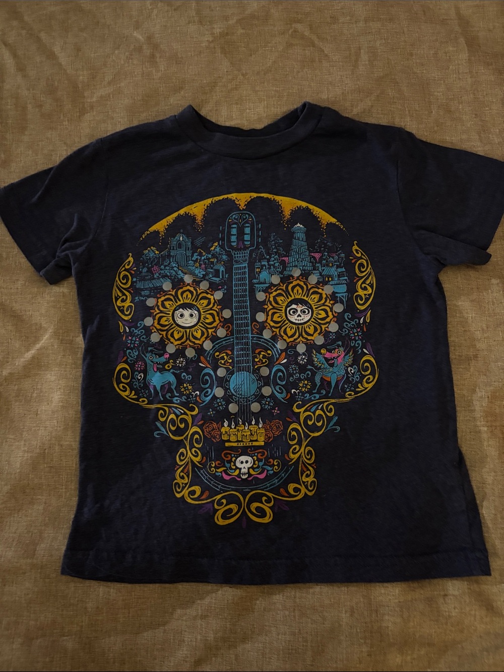 Disney Navy Short Sleeve Tee with Colorful Sugar Skull Guitar Graphic